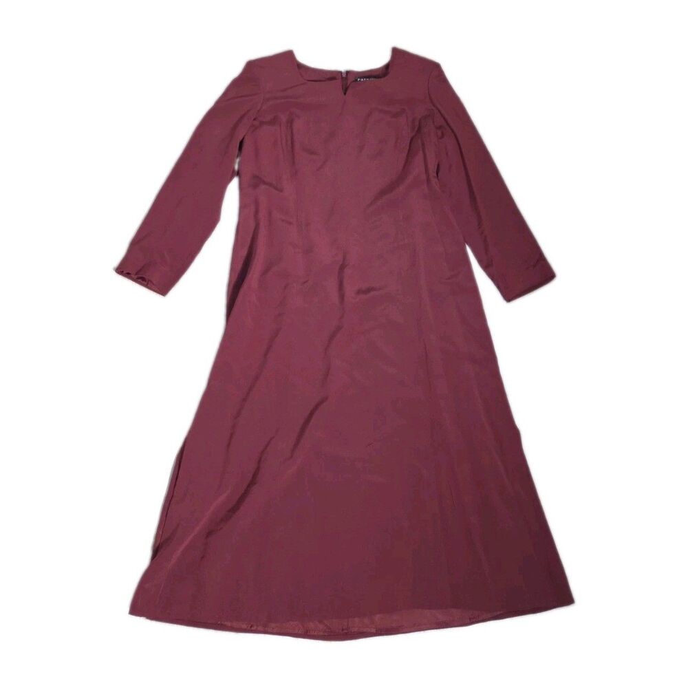 VTG Patrick Petite Burgundy 100% Silk A-Line Midi Dress 3/4 Sleeve Size 12P EUC